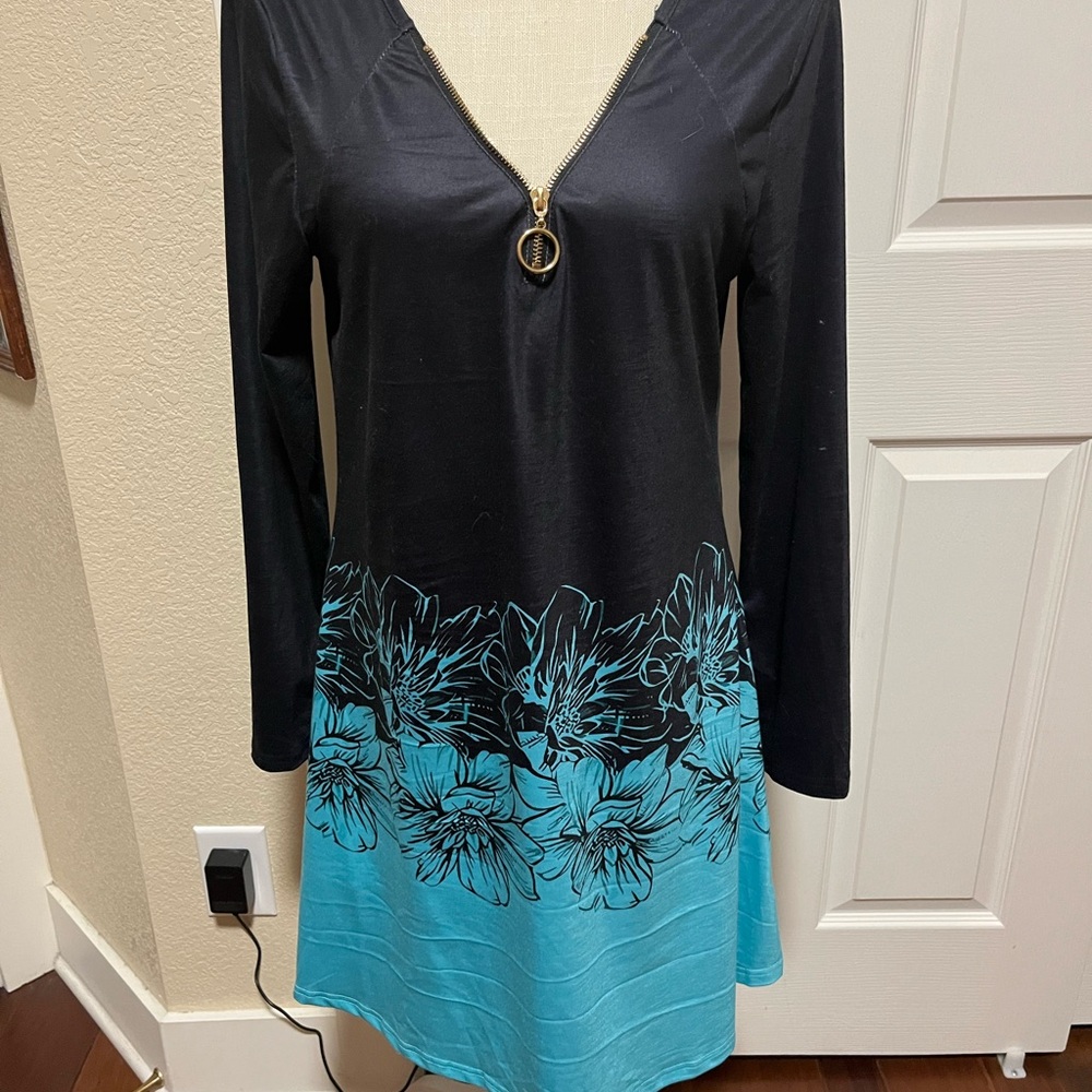 Black and Teal Floral Dress with Zipper Detail